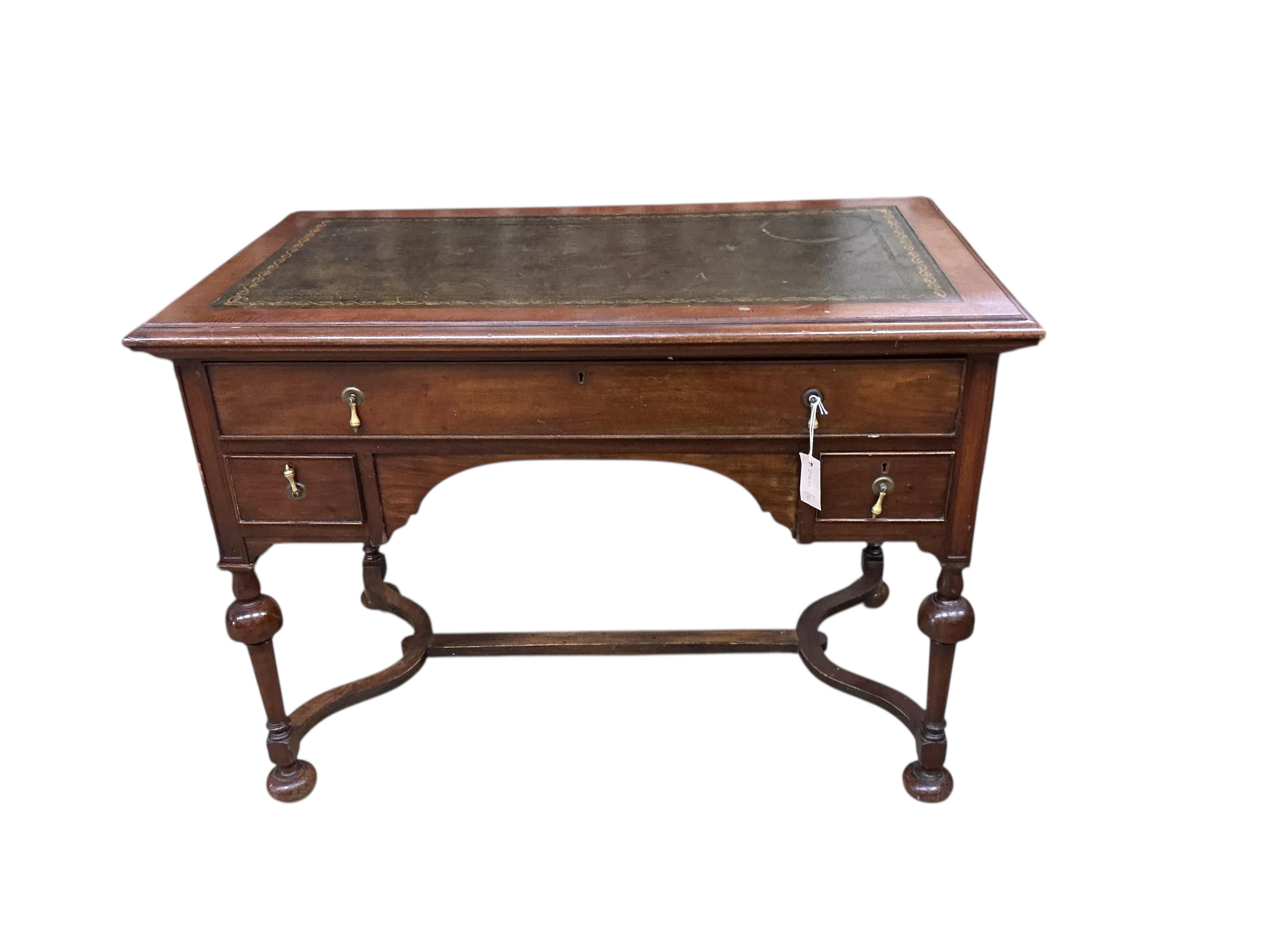 An early 20th century William and Mary style rectangular mahogany writing table, width 106cm, depth 60cm, height 76cm